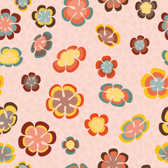 1970s Colors of Retro Flowers in a Non Directional Design on a Heart Textured Pastel Orange background background creating a seamless pattern print