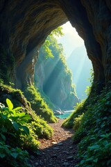 Obraz premium Sunlit Cave Entrance Beckons Exploration Discover the Hidden Wonders of Lush, Overgrown Nature