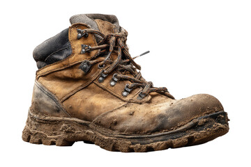 Dirty work boot, mud-caked, leather, hiking