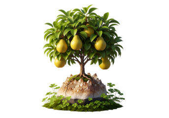 A vibrant, 3D bonsai pear tree, flourishing atop a crystalline rock island, presents a captivating display of nature's artistry.