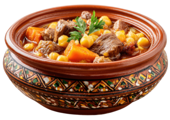 Hearty stew in a decorated earthenware pot