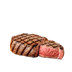 Grilled Steak Sizzles on Transparent Background, Juicy and Delicious Meat with Grill Marks, Culinary Delight against Black.