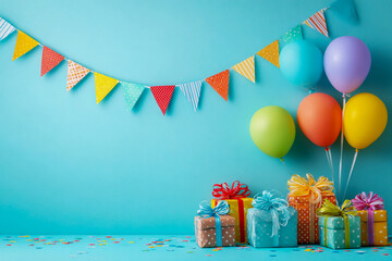 Colorful birthday background with balloons, gifts, and bunting on a light blue backdrop for party decoration or photobooth.