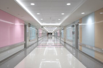 Empty hospital hallway with pastel walls