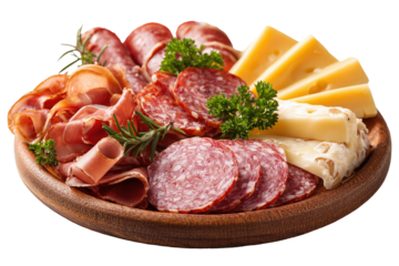 Assorted cured meats and cheeses on a wooden platter. Fresh slices of salami, prosciutto, and other cured meats, alongside wedges of yellow