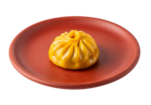 A single, golden-yellow dumpling rests attractively on a terracotta-colored plate against a pure black background.