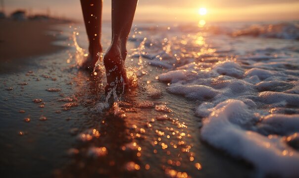 Bare feet walking in shallow water at sunset, waves splashing, golden light