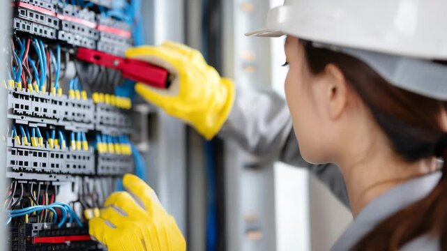 女性作業員が配電盤を整備する現場
