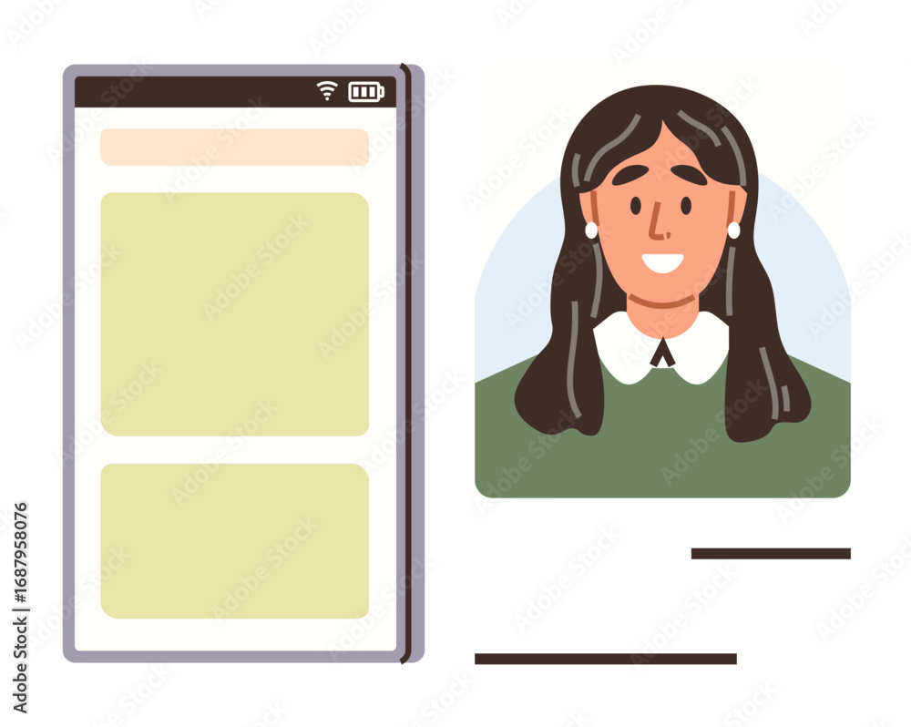 Poster mobile phone interface with app layout and smiling woman avatar in a green outfit. ideal for user pr