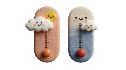 Cute thermometers displaying warm and cold weather