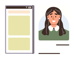 Mobile phone interface with app layout and smiling woman avatar in a green outfit. Ideal for user profile, bio design, online identity, app templates, social accounts, contact details, simple flat