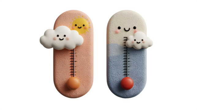 Cute thermometers displaying warm and cold weather