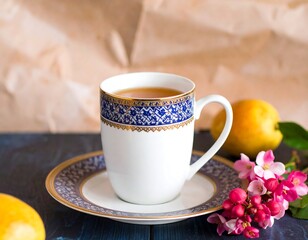 Elegant teacup filled with beverage, on a dark wood surface with fruits and flowers