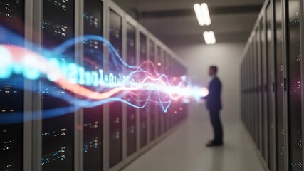 Data Flow in Server Room: Man in Suit Analyzing Binary Code Transmission - Powered by Adobe