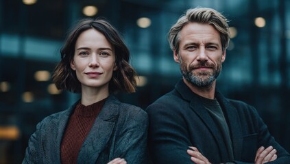 Urban business couple, confident, arms crossed