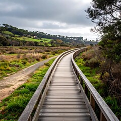 Fototapeta premium Winding wooden boardwalk through a landscape