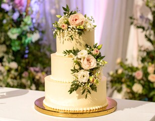 Elegant three-tiered wedding cake adorned with flowers