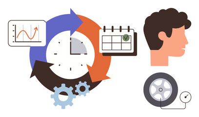 Clock surrounded by arrows, gears, calendar, chart, wheel, and head profile. Ideal for productivity, planning analysis decision-making workflow scheduling and time efficiency. Simple flat