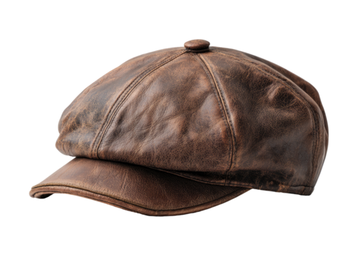 Brown leather newsboy cap, angled view - Powered by Adobe