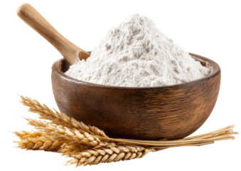 Wooden bowl of white flour with wheat sprigs