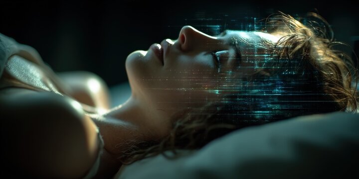 A woman sleeps, overlaid with digital code