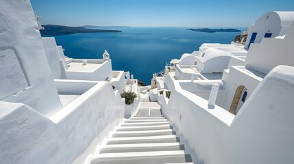 Obraz premium Picturesque view of traditional whitewashed architecture with narrow stone steps leading down to the deep blue sea in Santorini, Greece, showcasing Mediterranean beauty and charm