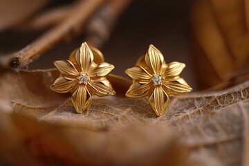 Sharp Image of Two Gold Earrings with a Diamond Shaped Flower on the Top