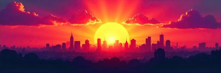 Fototapeta premium Vibrant Sunrise Cityscape Silhouette Hope, Progress, and a Promising Future