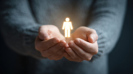 Glowing icon human hands protection care support safety empathy held gently in cupped palms, warm soft light, hopeful mood