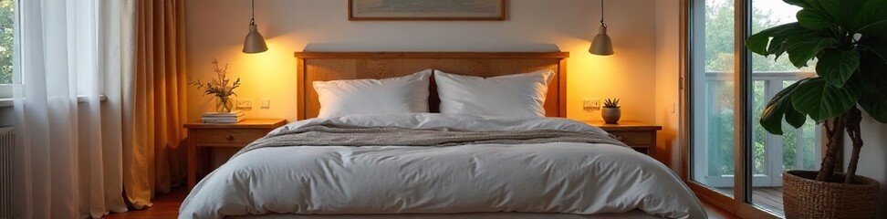 Cozy and serene bedroom interior featuring a plush bed, soft lighting, and calming decor Perfect for relaxation and peaceful sleep , chic, home decor