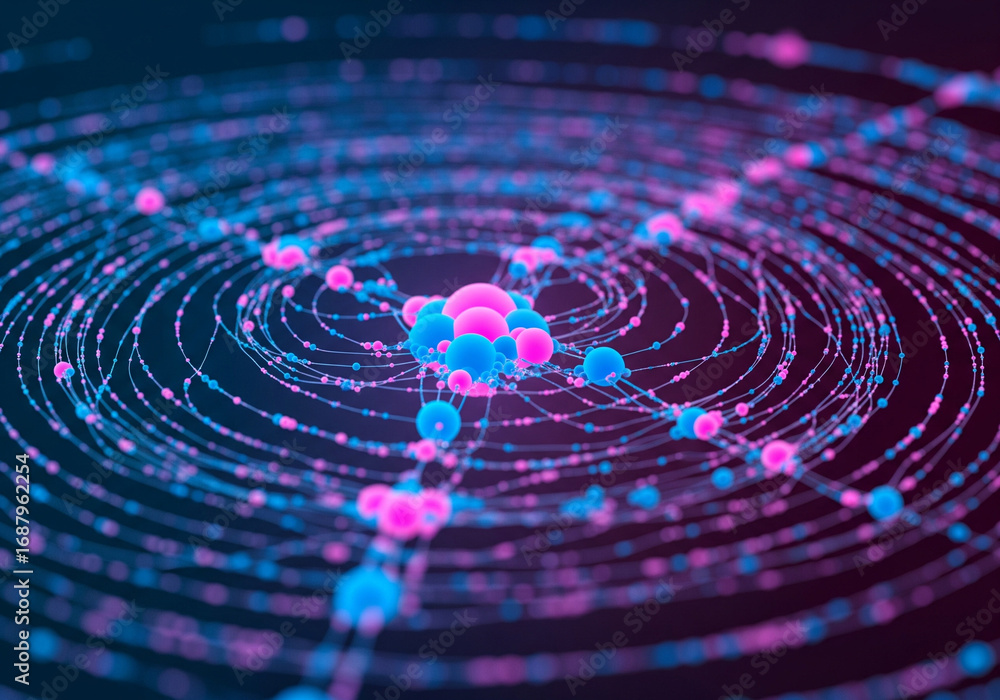 Aufkleber vibrant network visualization with pink and blue nodes and lines in a dark background with a futuris