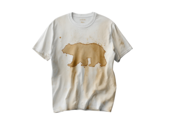 White t-shirt, coffee stain bear design