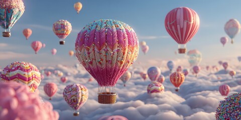 Obraz premium Bunch of hot air balloons with pink and blue designs flying in the sky