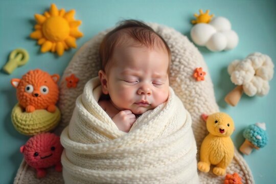 Adorable infant snuggled in a soft blanket, sleeping soundly amidst colorful weather-themed toys; a charming scene evoking feelings of warmth, comfort, and innocence , blanket, growth, soft