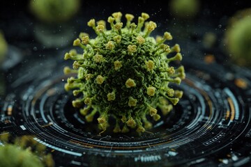 Close-up view of a virus, with a digital interface