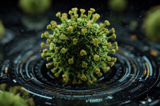 Close-up view of a virus, with a digital interface