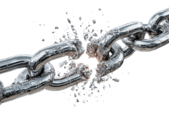 A metal chain breaks apart, scattering fragments