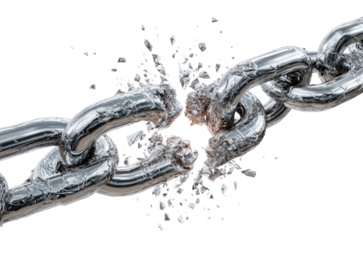 A metal chain breaks apart, scattering fragments