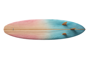 Overhead view of a surfboard, ombre pink and teal colors, with light brown accents