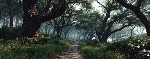 Misty forest path, dense canopy of trees, sunlight filtering through
