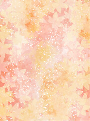 秋の紅葉のイメージの背景素材。水彩風テクスチャー。紅葉の葉っぱのシルエット。セピア調の落ち着いた色調。ふんわりした光の輝き。コピースペース。縦長構図。