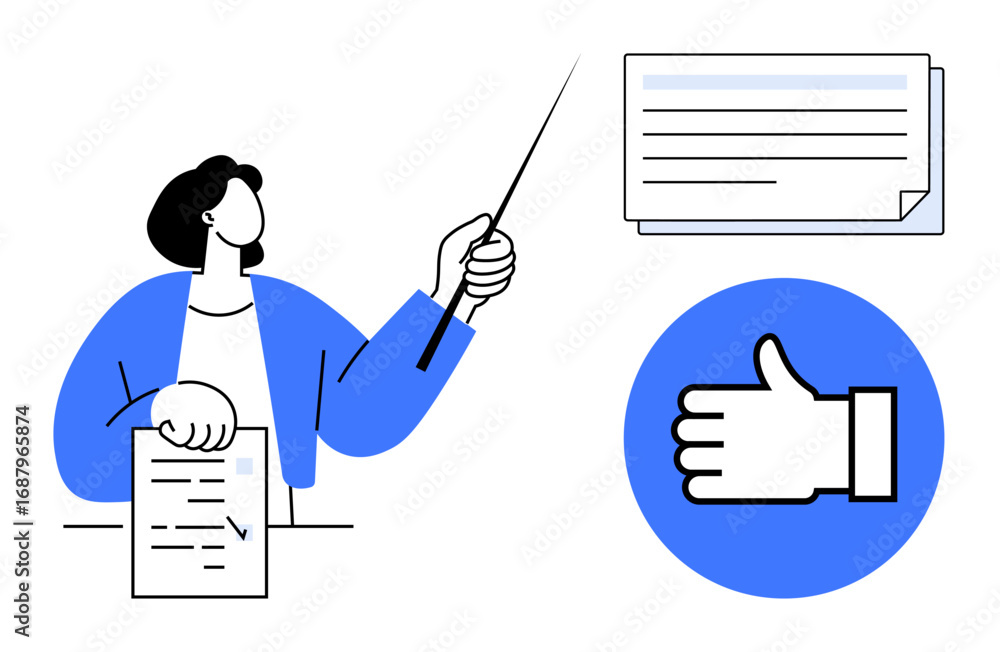 Poster person holding document and gesturing with pointer while approval hand icon and document stack appea