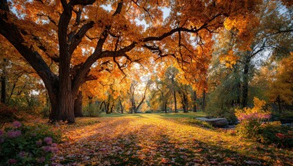 Fototapeta premium Autumnal park path bathed in golden sunlight. Sunlight streams through vibrant, orange-yellow trees, illuminating a path strewn with fallen leaves