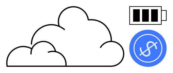 Cloud and battery convey energy and data storage, with dollar icon for financial success. Ideal for technology, energy, backup, savings, growth, cloud computing finance. Simple flat metaphor