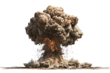Massive explosion, mushroom cloud, tan smoke, fiery core
