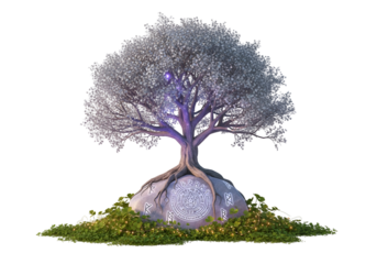 A majestic, illuminated tree of light rests atop a mystical stone, its roots entwined with ancient symbols.
