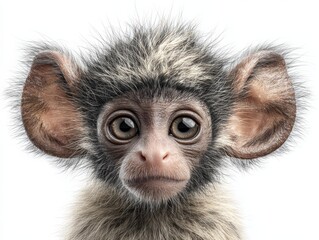 Close-up portrait of a baby monkey, showcasing delicate features and large ears against a pure white backdrop.  A captivating image of innocence and curiosity.