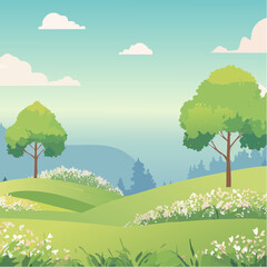 Fototapeta premium Illustrated Forest Landscape with Grassy Elevation, Watercolor Botanical Elements for Architectural Design, Lush Garden Environment, Blooming Trees.