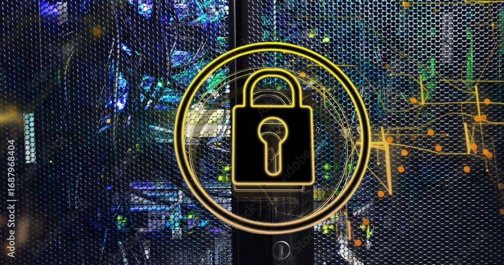 Poster displaying glowing padlock overlaying server rack mesh in secure data center, network node graphics