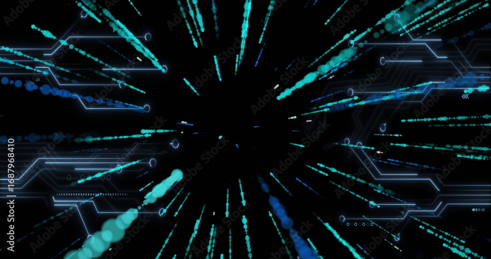 Aufkleber radiating blue data trails from central void in digital space, with glowing nodes and circuit lines